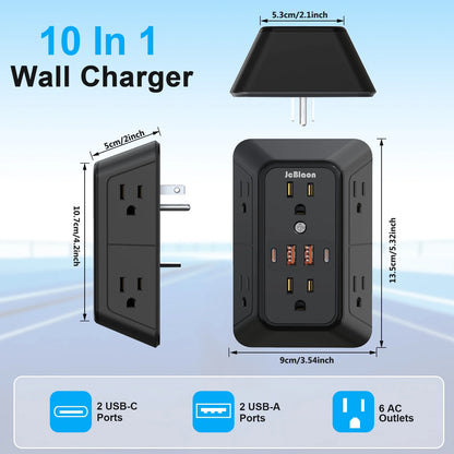 Compact 10-in-1 Outlet Extender by JcBlaon | 6 AC, 4 USB, Surge Protected Power Strip for All Devices