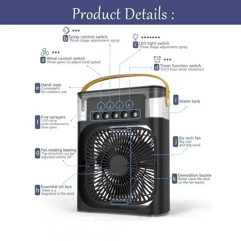 3-in-1 Portable Evaporative Air Cooler with Humidifier & Fan | Personal USB Desk Fan with 7-Color LED Light