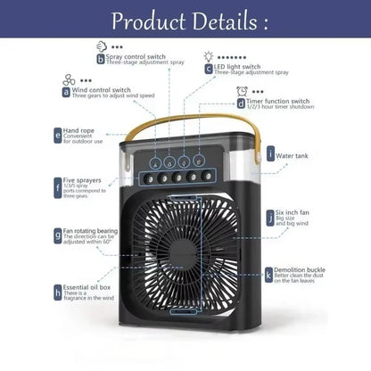 3-in-1 Portable Evaporative Air Cooler with Humidifier & Fan | Personal USB Desk Fan with 7-Color LED Light