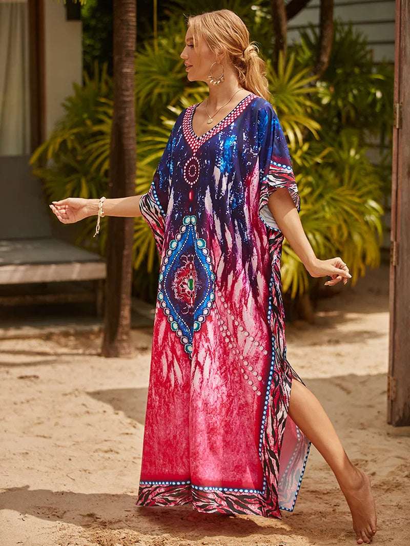 Women's Printed Caftan Maxi Dress | V-Neck Bathing Suit Cover-Up, Abaya Beach Outfits & Loungewear