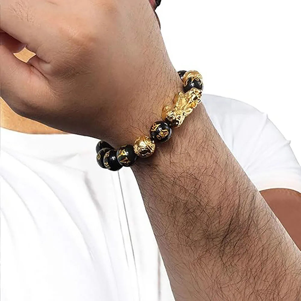 Feng Shui Black Obsidian Pixiu Bracelet | Charm with Buddha Beads