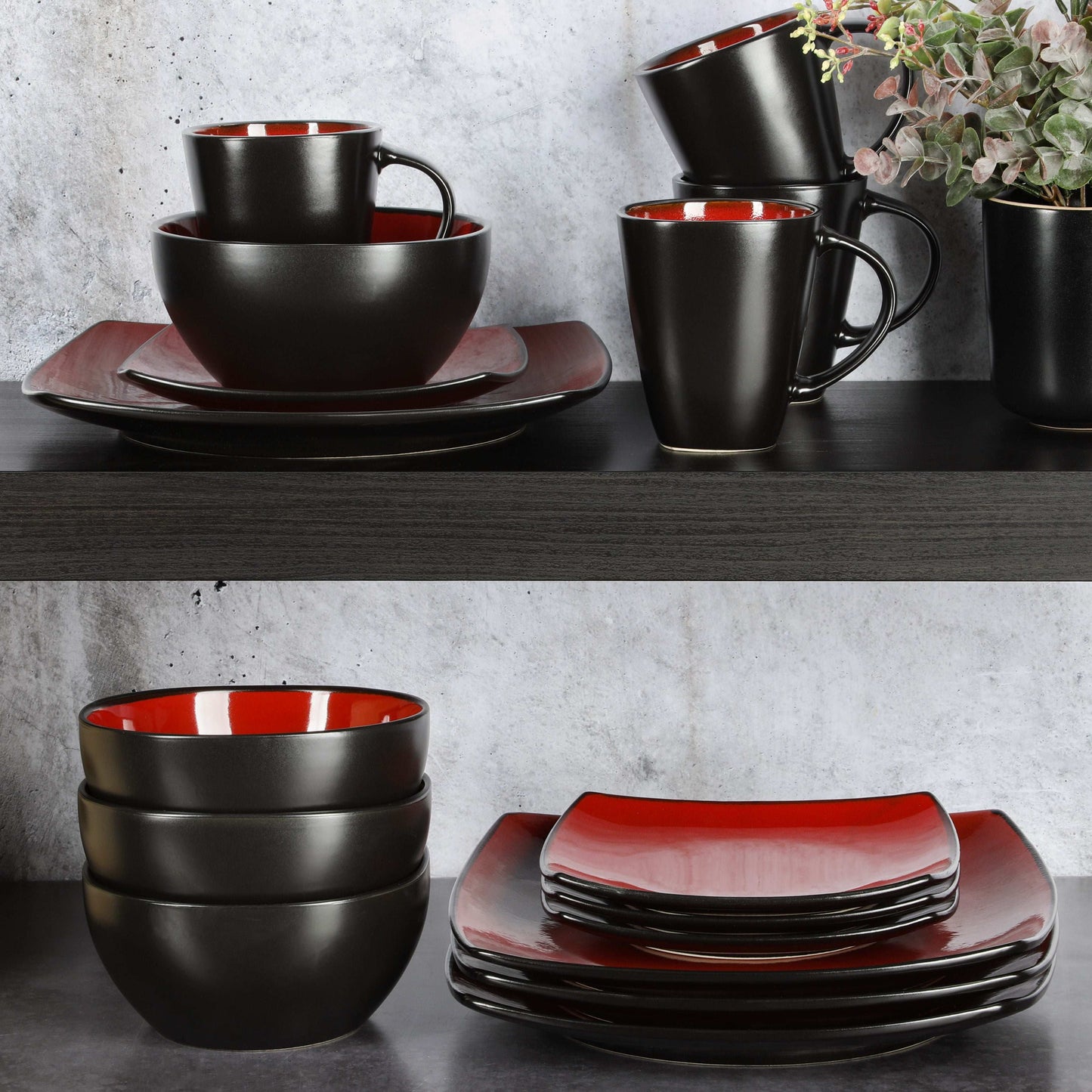 Gibson Soho Lounge Red Dinner Set | 16-Piece Scratch-Resistant Stoneware