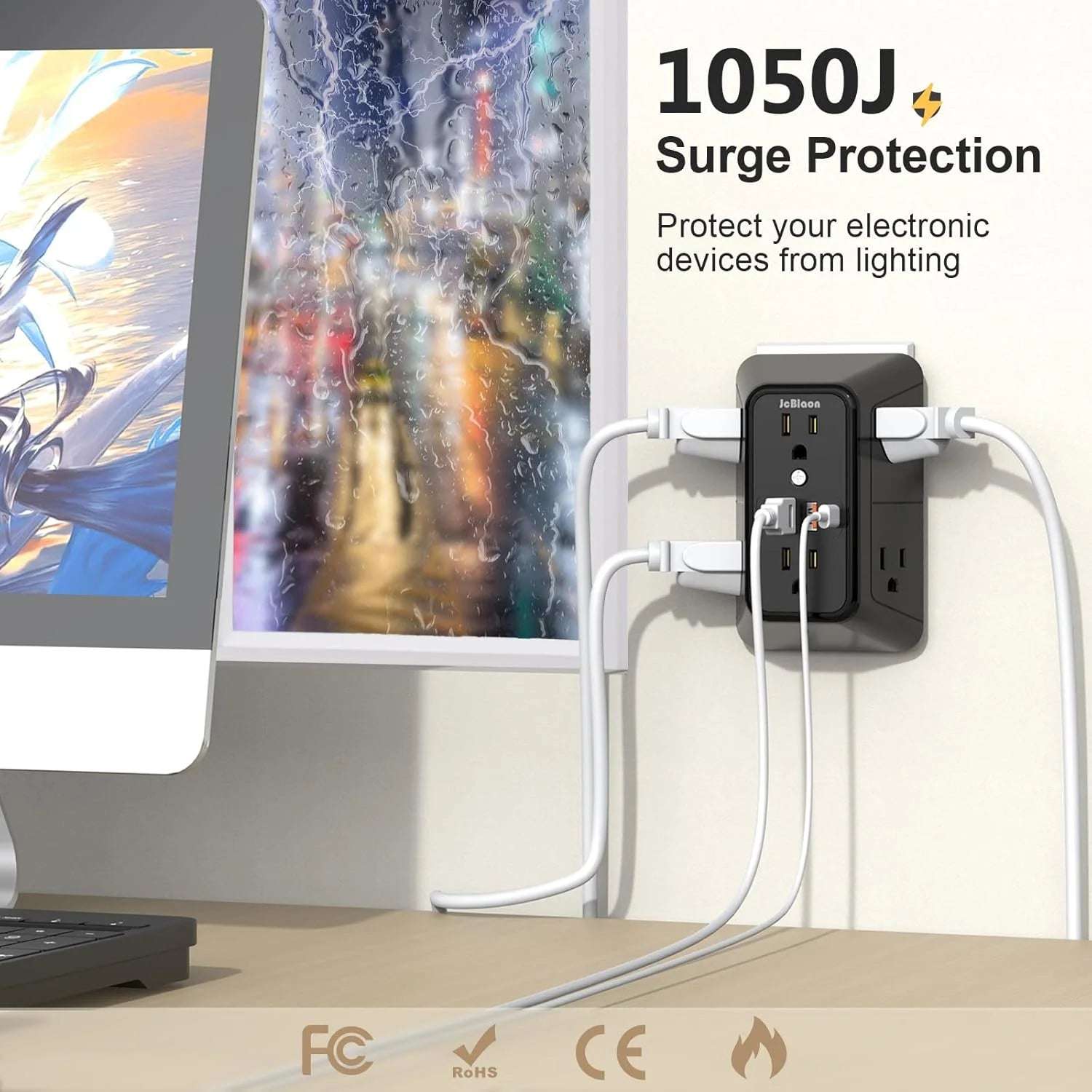 Compact 10-in-1 Outlet Extender by JcBlaon | 6 AC, 4 USB, Surge Protected Power Strip for All Devices