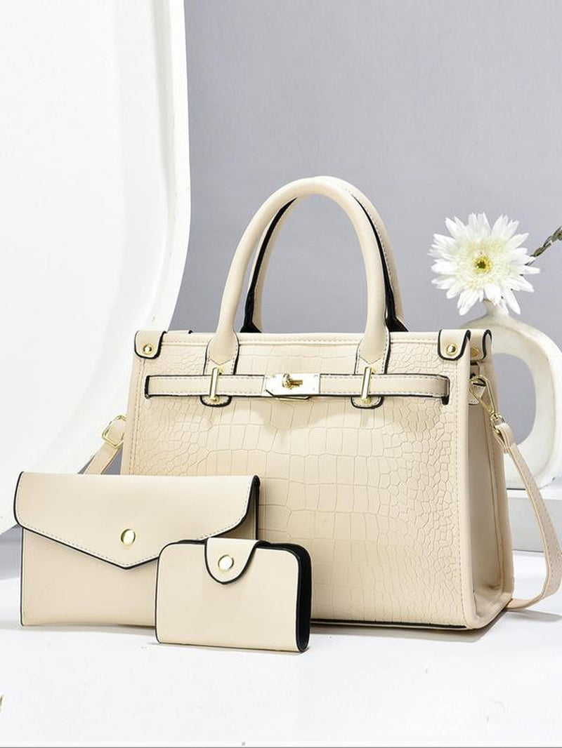 Women's Fashionable Crocodile Embossed 3-Piece Handbag Set | Large Capacity Tote, Clutch & Wallet
