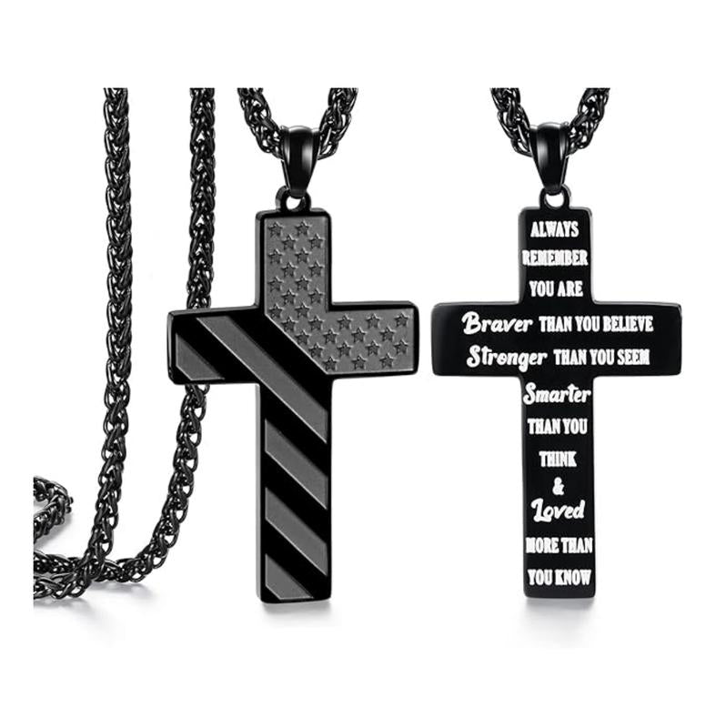 Durable American Flag Cross Pendant | Inspirational Quote or Scripture Necklace | Unisex Everyday Wear & Gift for All Ages
