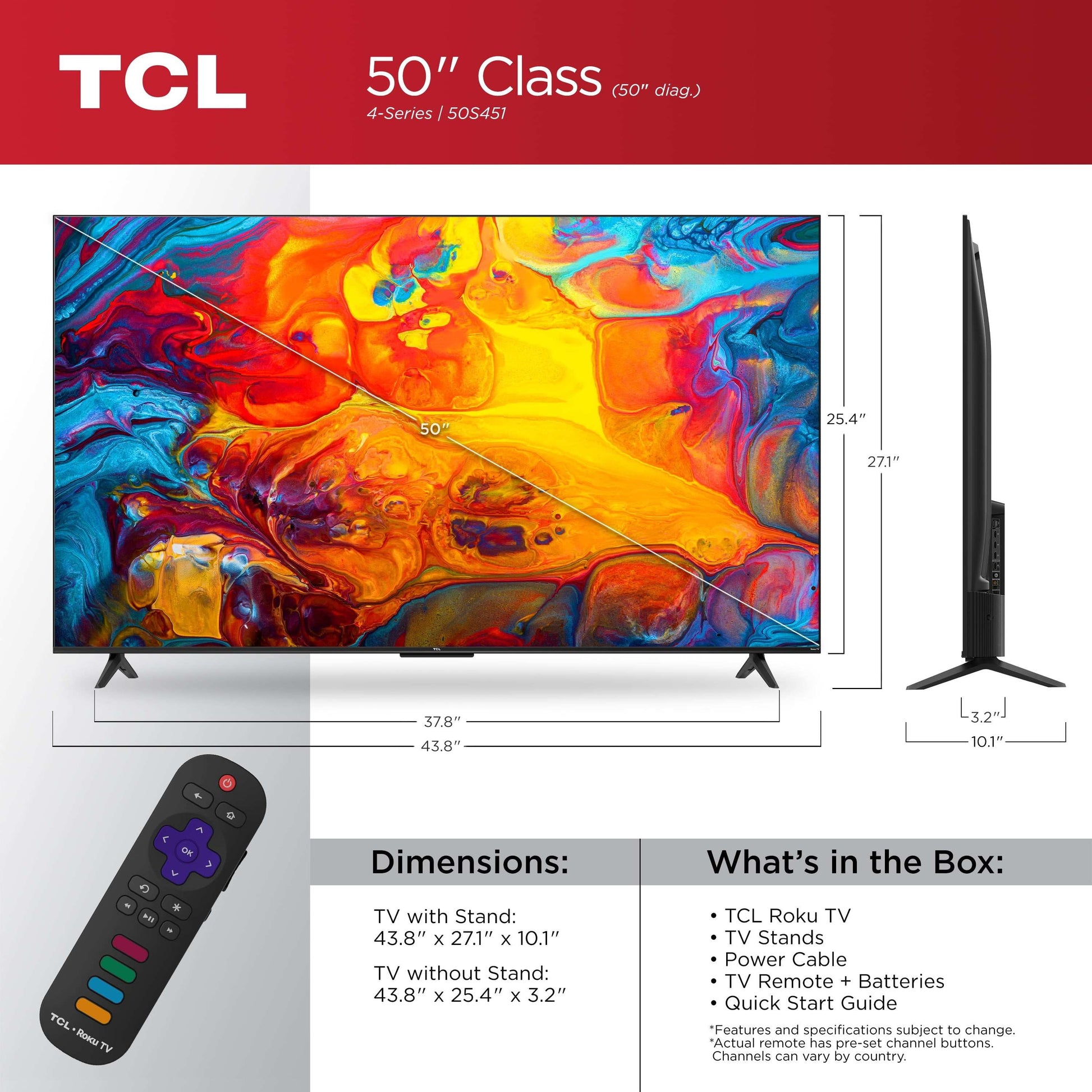 TCL 50” Class S4 (50S451) 4K UHD HDR Smart TV with Roku TV | Roku OS with Voice Control, AirPlay, & 4 HDMI Inputs