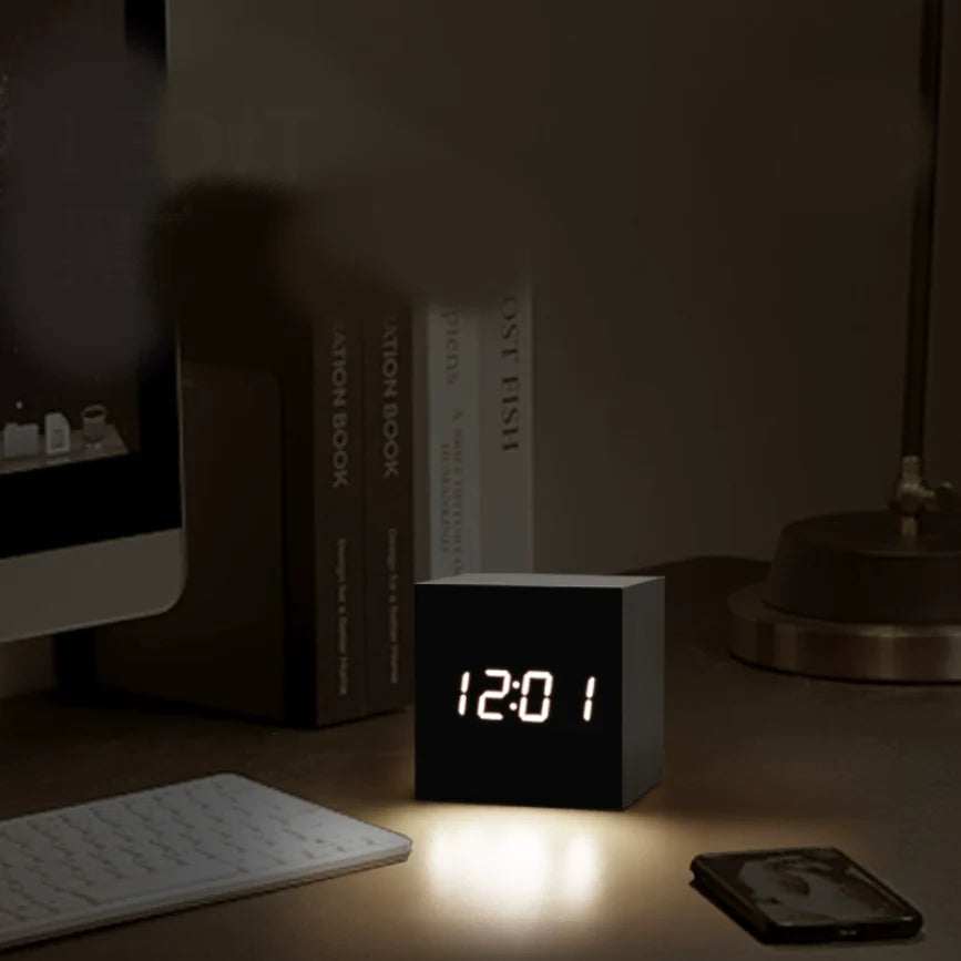 Wooden Minimalist Table Clock | Voice-Activated LED Digital Alarm Clock with Temperature Display
