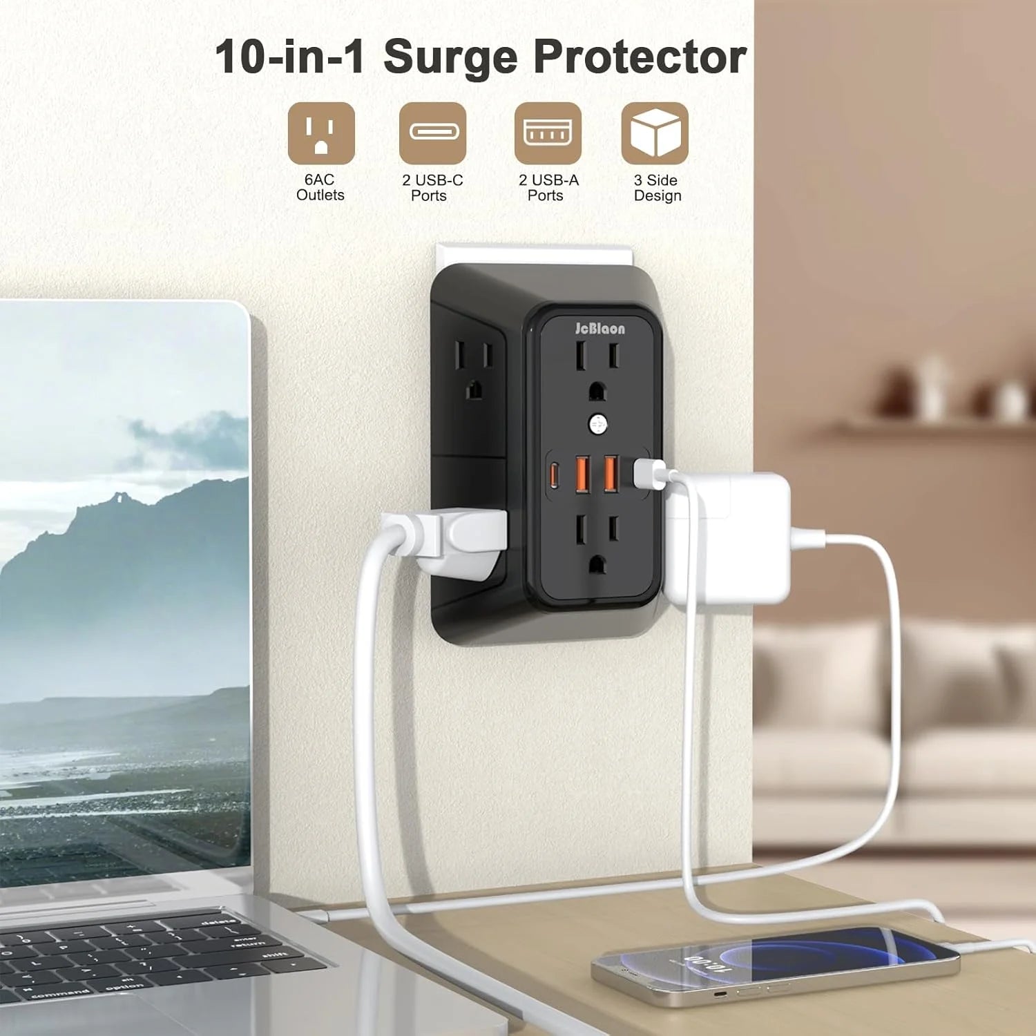 Compact 10-in-1 Outlet Extender by JcBlaon | 6 AC, 4 USB, Surge Protected Power Strip for All Devices
