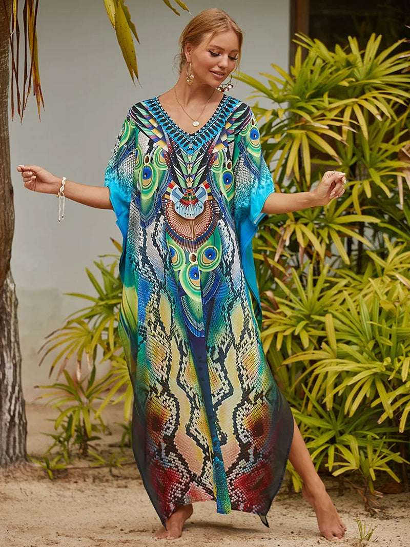 Women's Printed Caftan Maxi Dress | V-Neck Bathing Suit Cover-Up, Abaya Beach Outfits & Loungewear