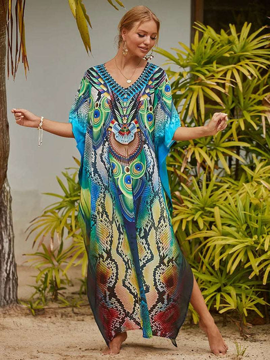 Women's Printed Caftan Maxi Dress | V-Neck Bathing Suit Cover-Up, Abaya Beach Outfits & Loungewear