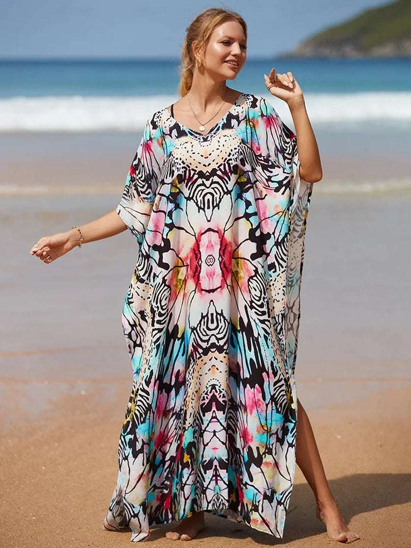 Women's Printed Caftan Maxi Dress | V-Neck Bathing Suit Cover-Up, Abaya Beach Outfits & Loungewear