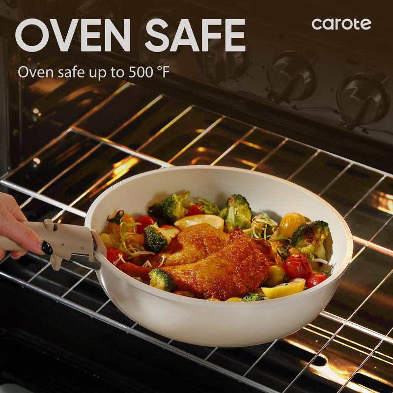 CAROTE Kitchen Cooking Set | 16-Piece Nonstick Induction Cookware with Lids & Removable Handles | Space-Saving