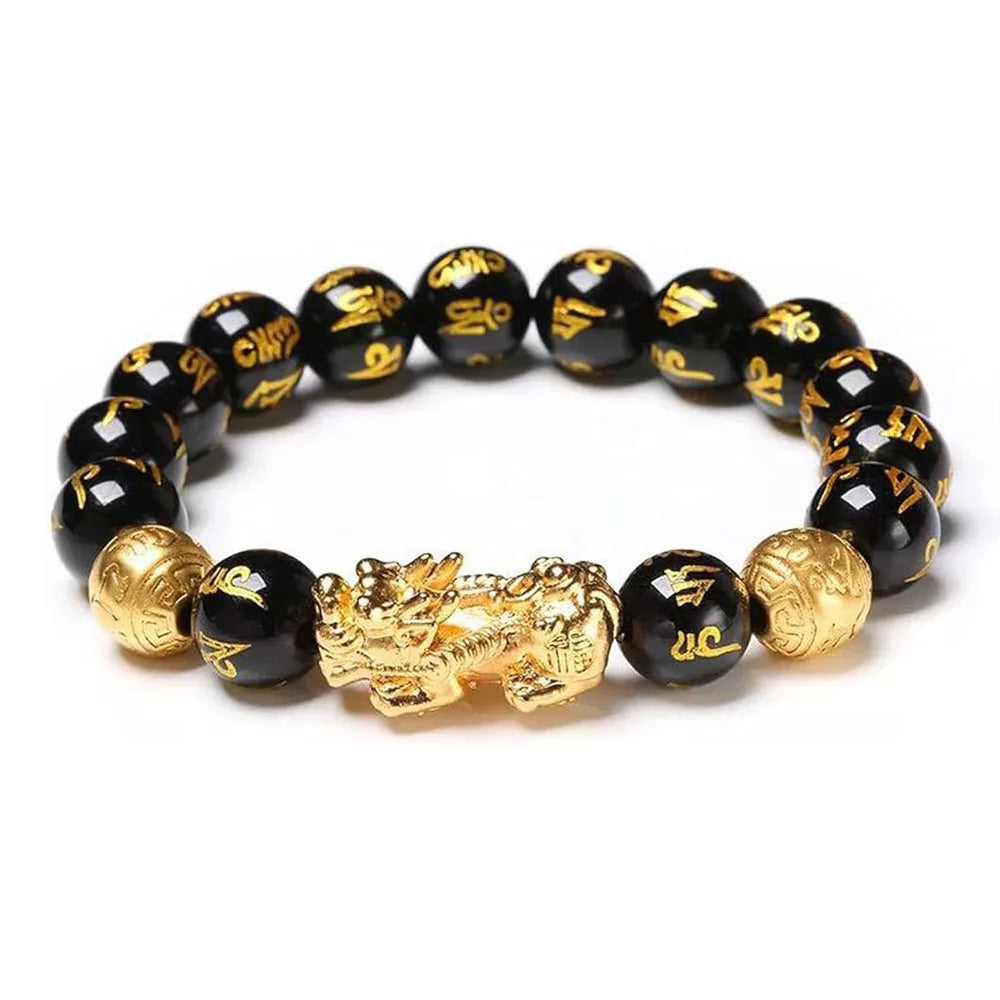 Feng Shui Black Obsidian Pixiu Bracelet | Charm with Buddha Beads