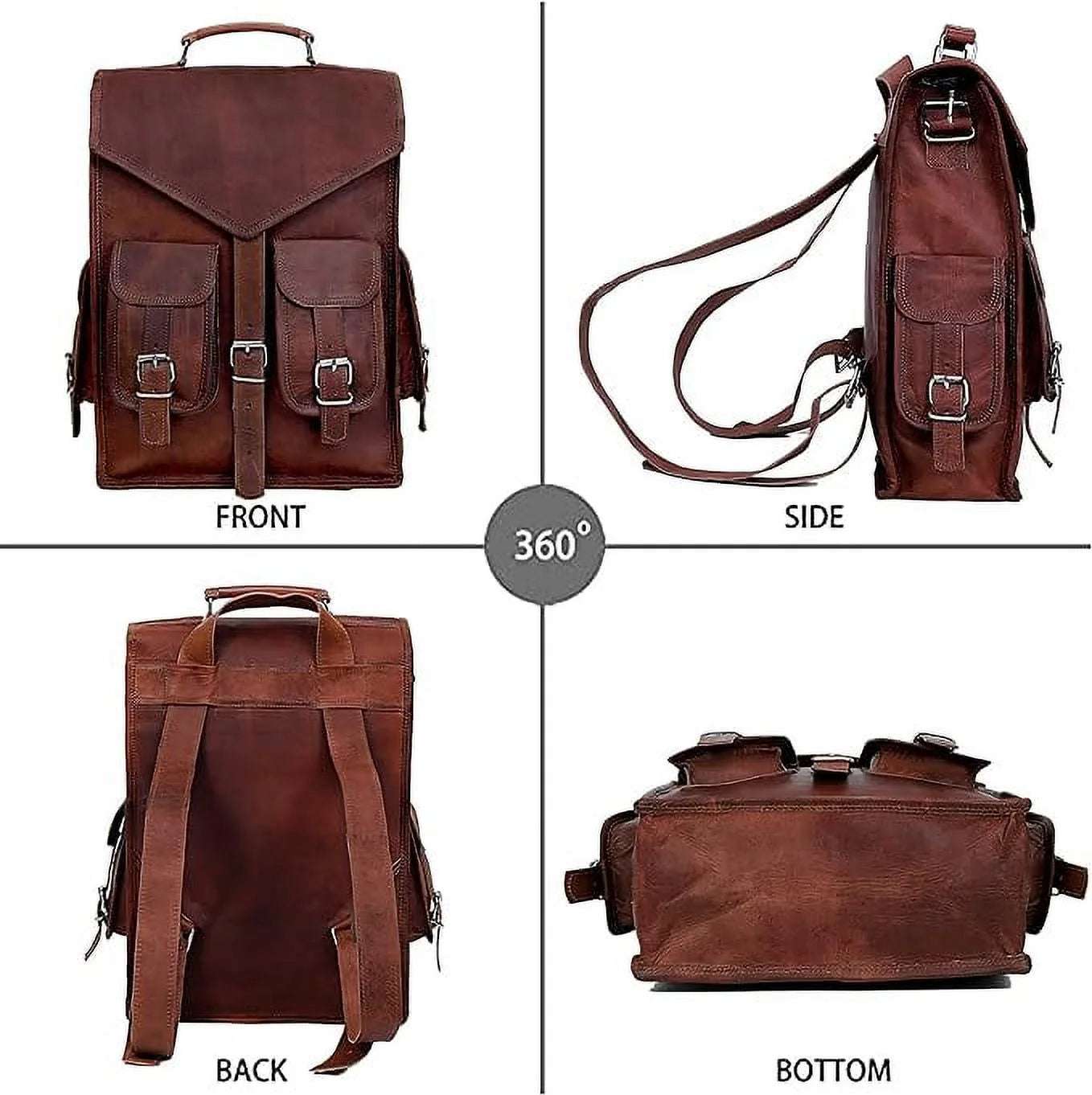 RUZIOON Multi-functional Vintage Leather Laptop Bag | 15" Vintage Backpack, Messenger & Briefcase with Steel Buckles (Brown)
