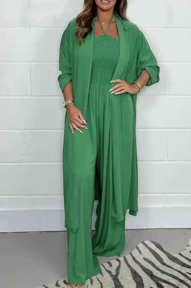 Versatile Women's Jumpsuit | Thin Solid Outerwear with Pleated Wide Legs & Lace-Up Detail for Work & Play