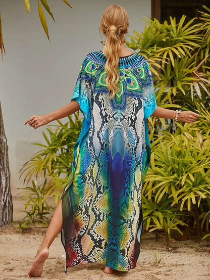 Women's Printed Caftan Maxi Dress | V-Neck Bathing Suit Cover-Up, Abaya Beach Outfits & Loungewear