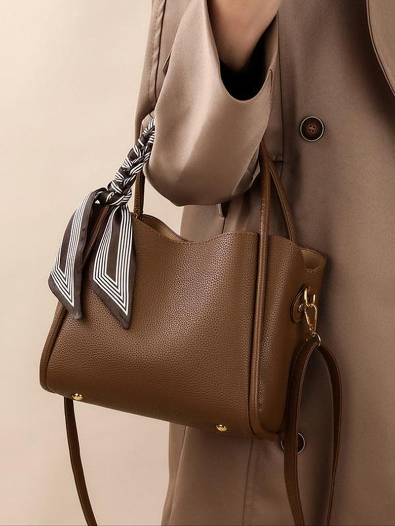Ladies' Elegant Lychee Pattern Handbag | Trendy Crossbody & Shoulder Bag with Twilly Scarf Decor