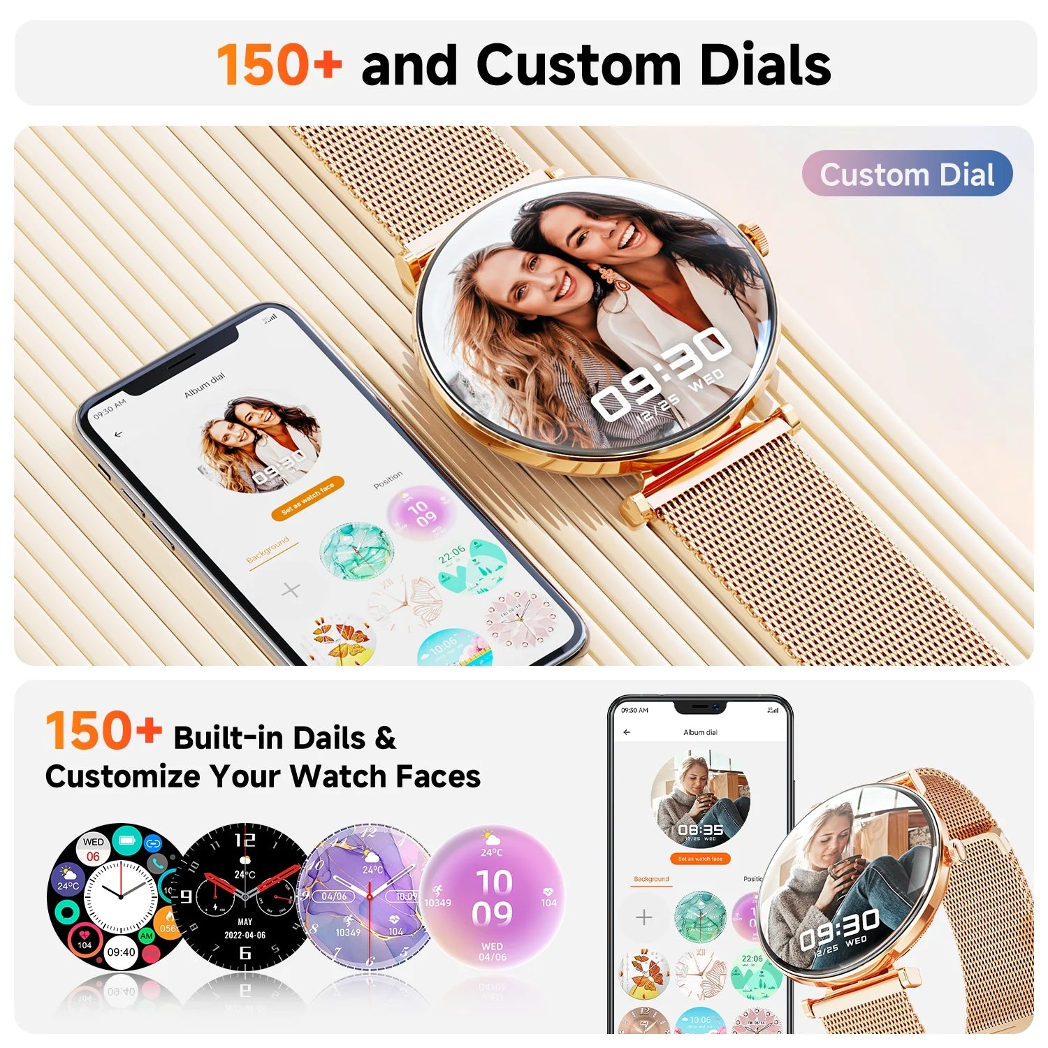 Smart Watch for Women - 1.43" AMOLED Screen, Bluetooth Calls, IP67 Waterproof, 100+ Sports Modes (Gold)