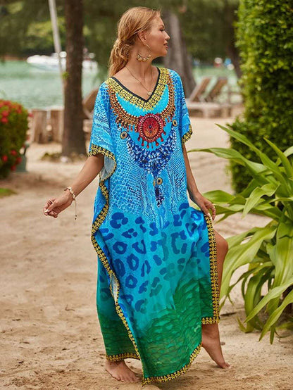 Women's Printed Caftan Maxi Dress | V-Neck Bathing Suit Cover-Up, Abaya Beach Outfits & Loungewear
