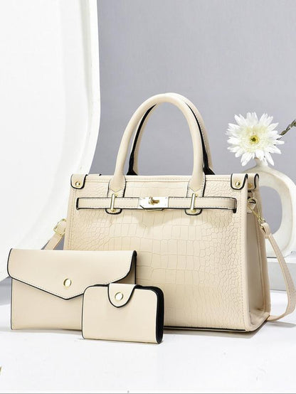 Women's Fashionable Crocodile Embossed 3-Piece Handbag Set | Large Capacity Tote, Clutch & Wallet