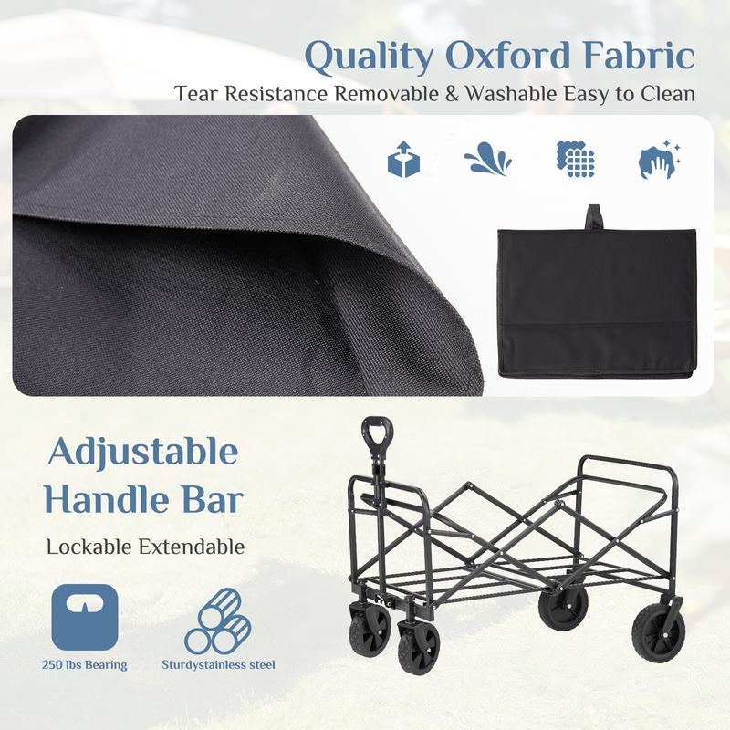 Collapsible Wagon Cart - 30" L Folding Beach Wagon with All-Terrain Wheels, 250Lbs Capacity, Portable for Grocery & Sports Use