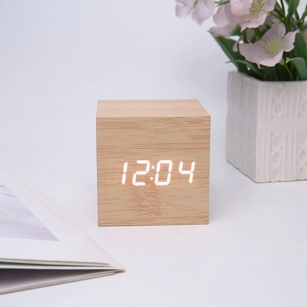 Wooden Minimalist Table Clock | Voice-Activated LED Digital Alarm Clock with Temperature Display