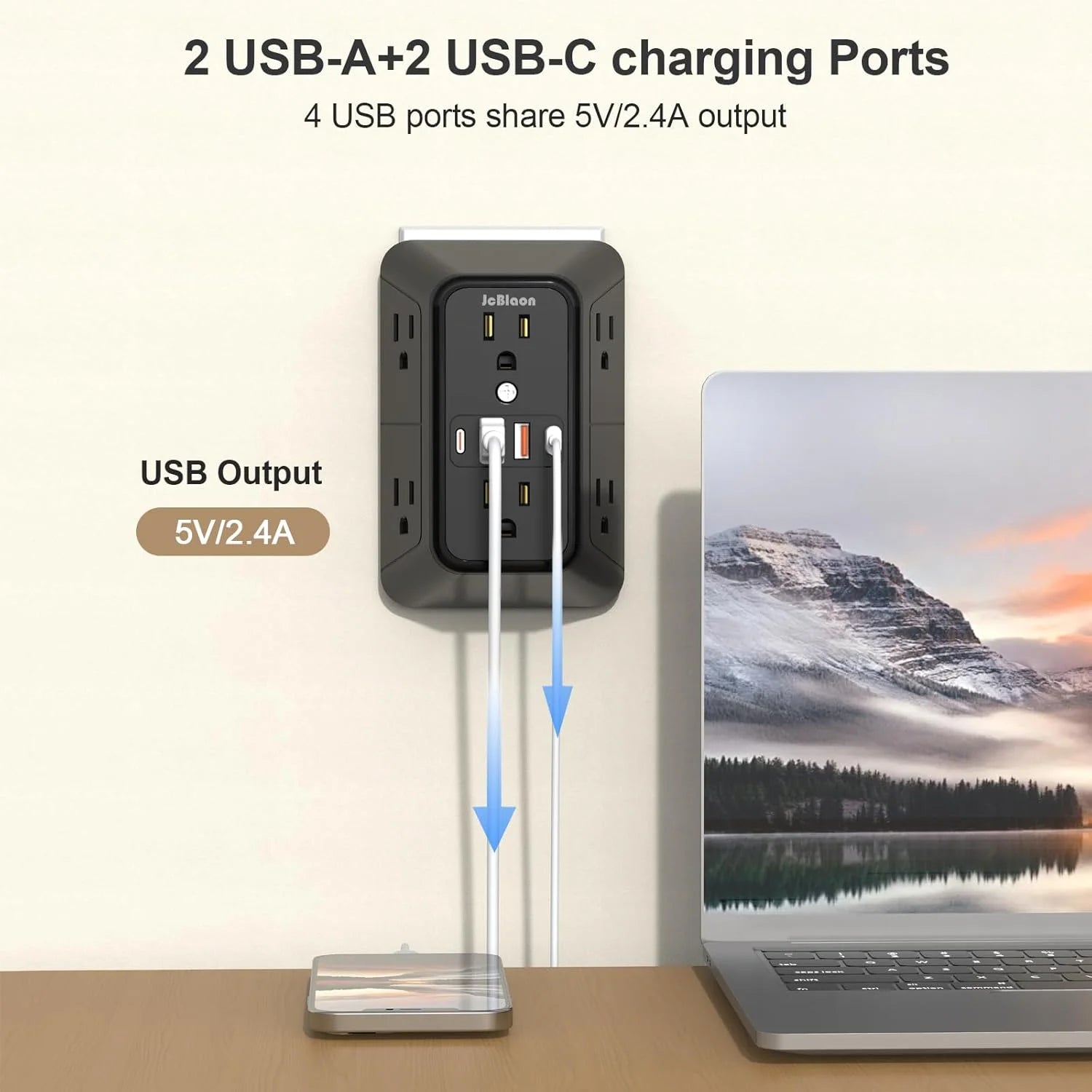 Compact 10-in-1 Outlet Extender by JcBlaon | 6 AC, 4 USB, Surge Protected Power Strip for All Devices