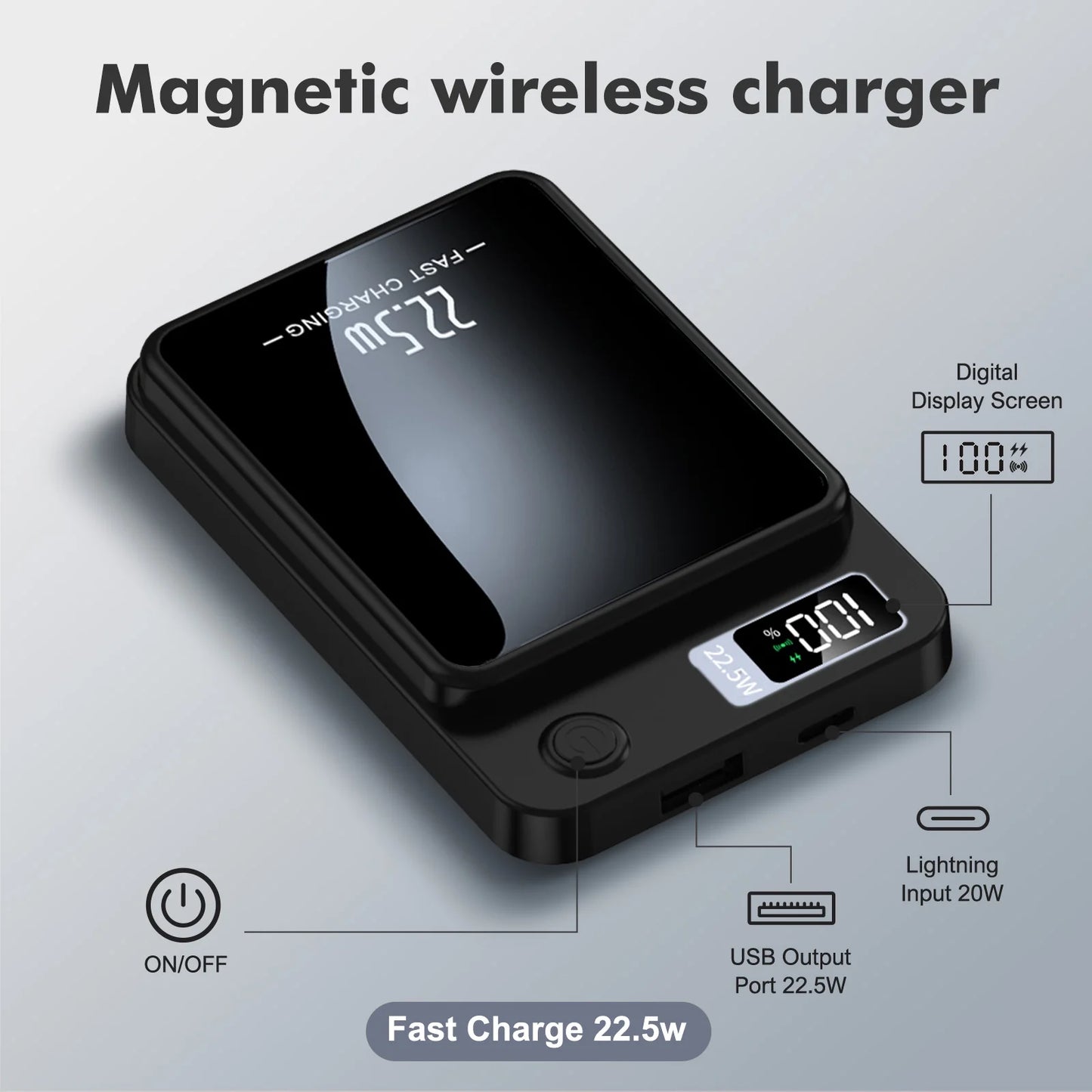 Compact Wireless Portable Charger (Black) | 10000mAh, 22.5W Fast Charging, Magnetic Power Bank for All Devices