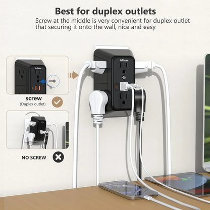 Compact 10-in-1 Outlet Extender by JcBlaon | 6 AC, 4 USB, Surge Protected Power Strip for All Devices