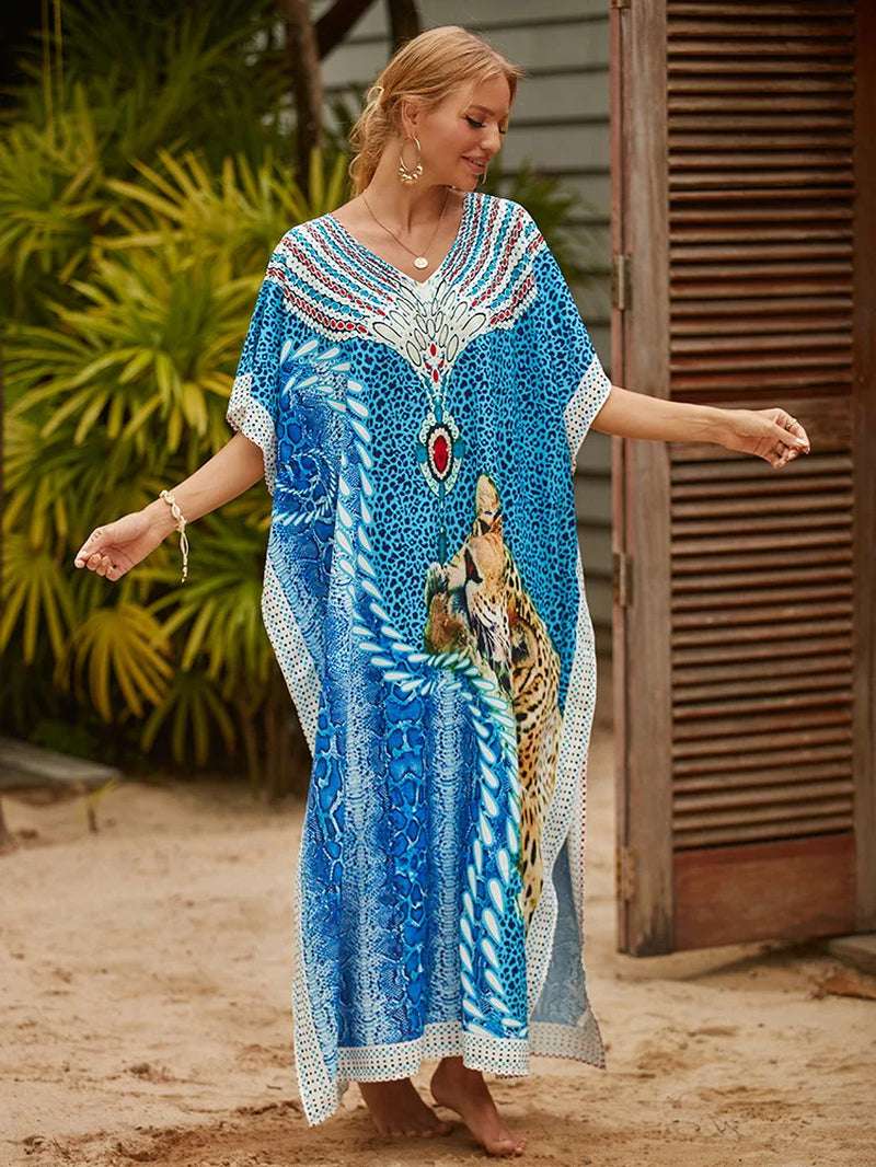 Women's Printed Caftan Maxi Dress | V-Neck Bathing Suit Cover-Up, Abaya Beach Outfits & Loungewear