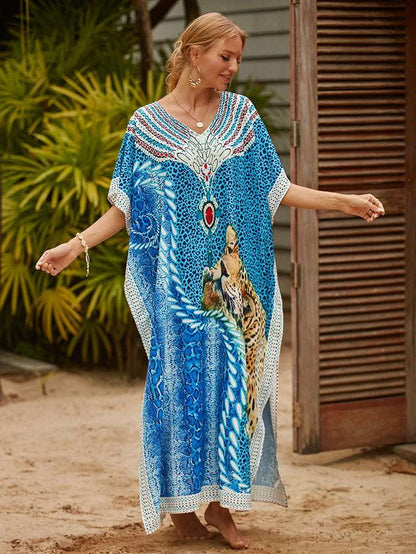 Women's Printed Caftan Maxi Dress | V-Neck Bathing Suit Cover-Up, Abaya Beach Outfits & Loungewear