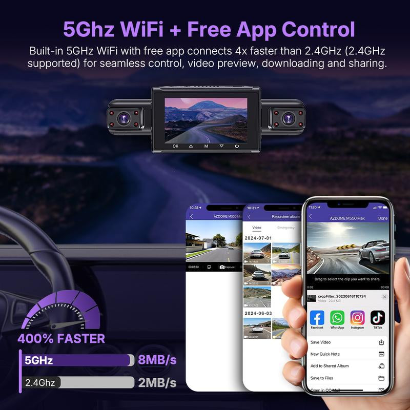 WIFI Automotive Dash Cam 360° View | Front & Rear Inside/Outside Recording | 64GB Card, Night Vision, Gravity Sensor