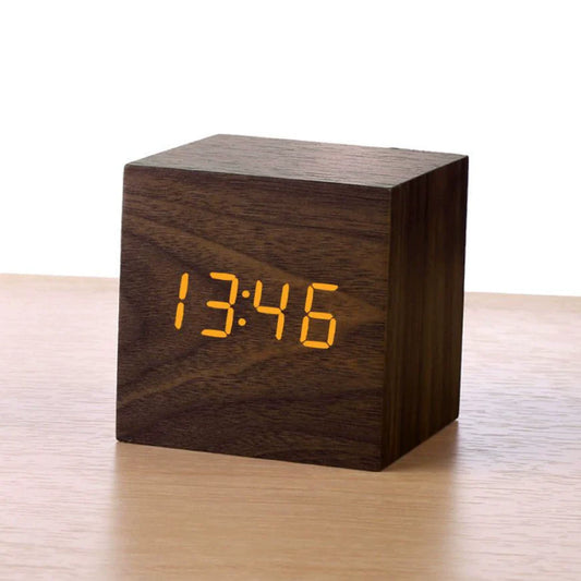 Wooden Minimalist Table Clock | Voice-Activated LED Digital Alarm Clock with Temperature Display