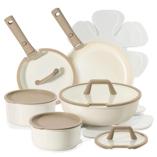 CAROTE Kitchen Cooking Set | 16-Piece Nonstick Induction Cookware with Lids & Removable Handles | Space-Saving