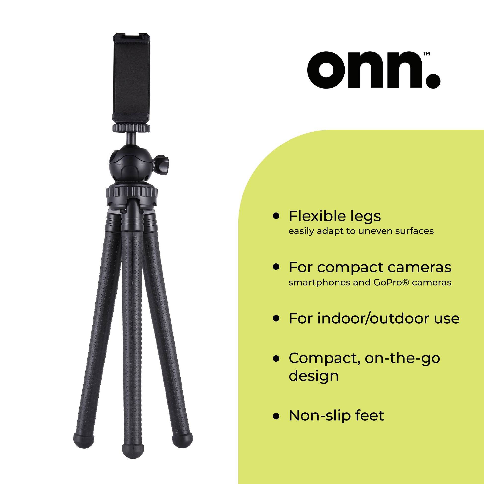 Onn Adjustable Mini Tripod Stand | Flexible Holder for Compact Cameras, GoPro & Smartphones