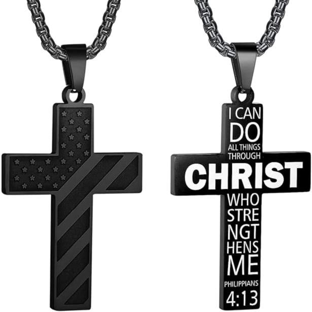 Durable American Flag Cross Pendant | Inspirational Quote or Scripture Necklace | Unisex Everyday Wear & Gift for All Ages