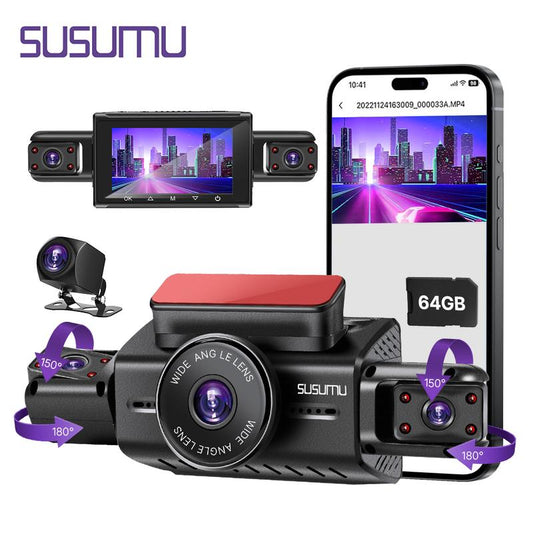 WIFI Automotive Dash Cam 360° View | Front & Rear Inside/Outside Recording | 64GB Card, Night Vision, Gravity Sensor