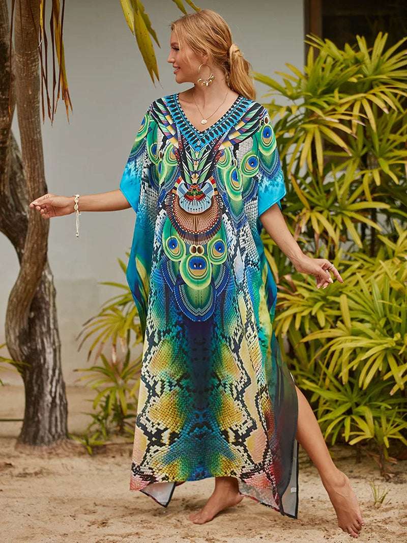 Women's Printed Caftan Maxi Dress | V-Neck Bathing Suit Cover-Up, Abaya Beach Outfits & Loungewear