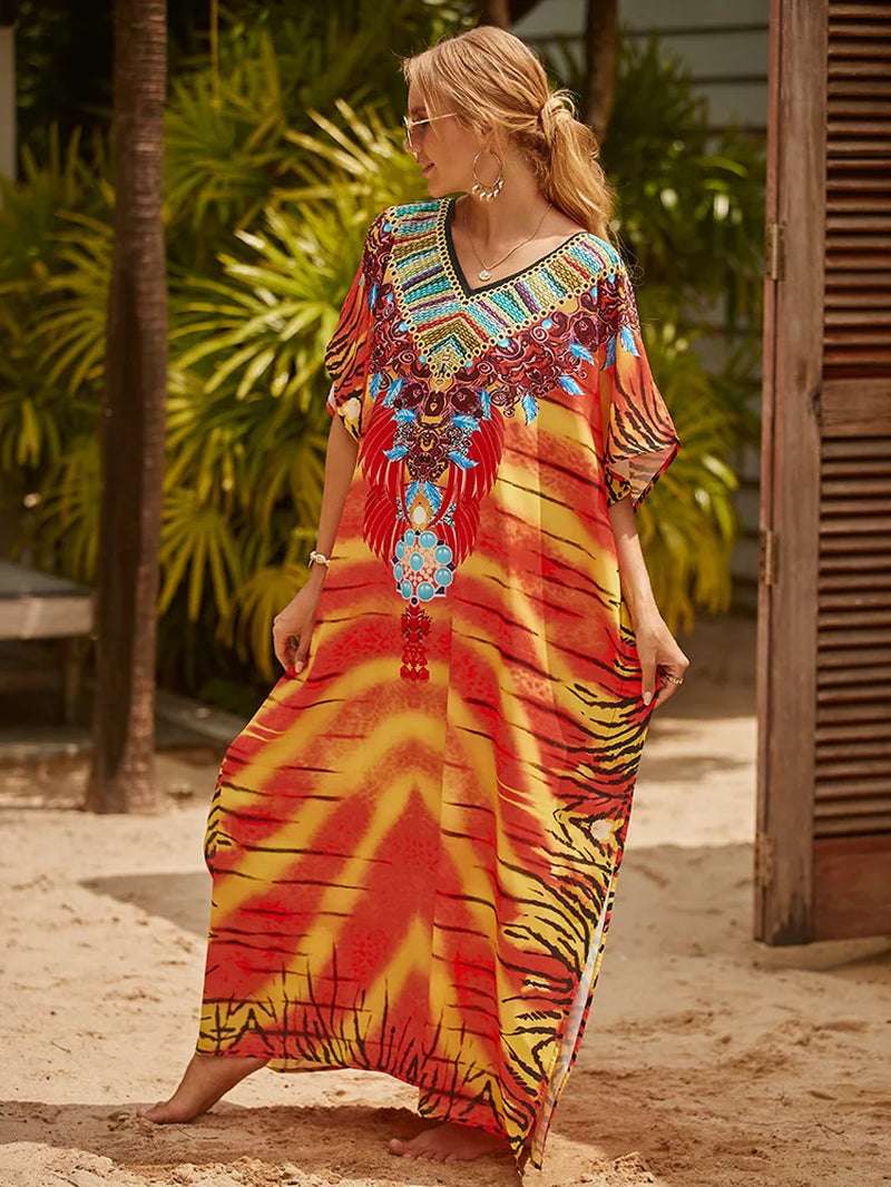 Women's Printed Caftan Maxi Dress | V-Neck Bathing Suit Cover-Up, Abaya Beach Outfits & Loungewear