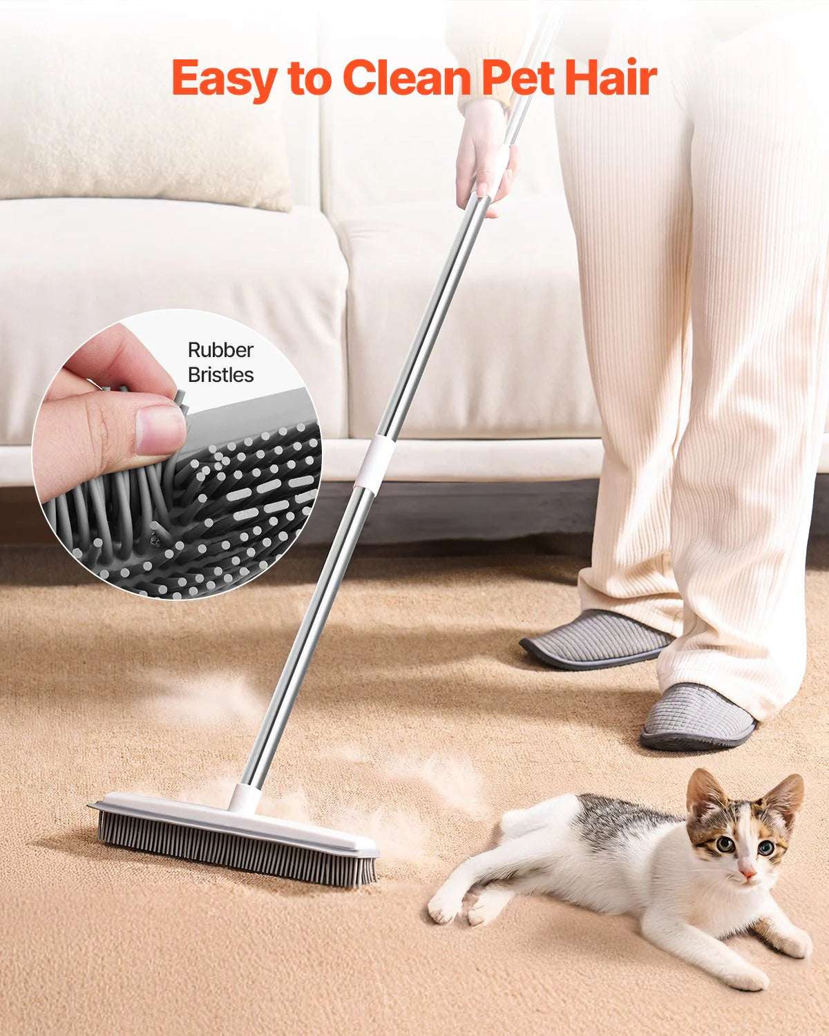 Pet Hair Removal Rubber Broom - 58.46" Adjustable Long Handle for Hardwood & Carpet | Includes Microfiber Cloth