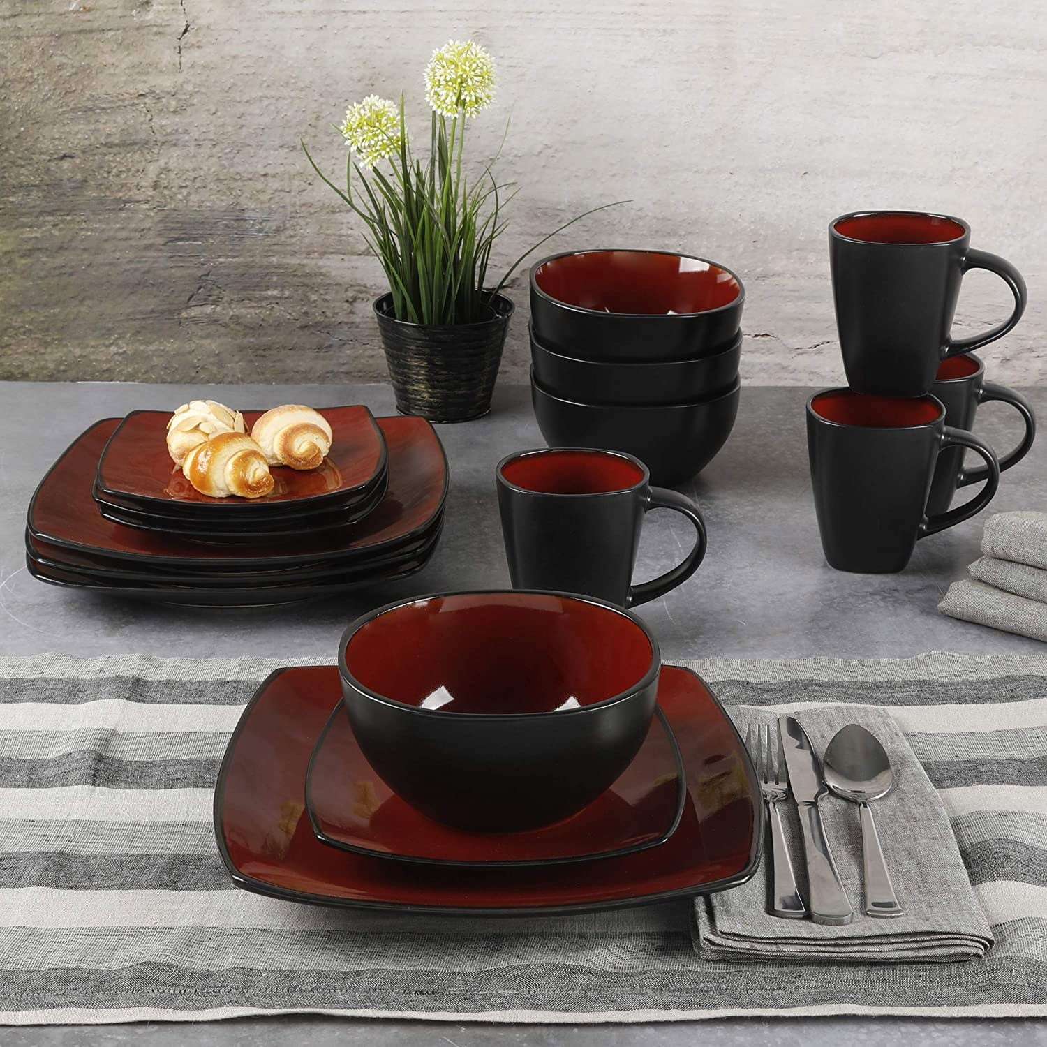 Gibson Soho Lounge Red Dinner Set | 16-Piece Scratch-Resistant Stoneware