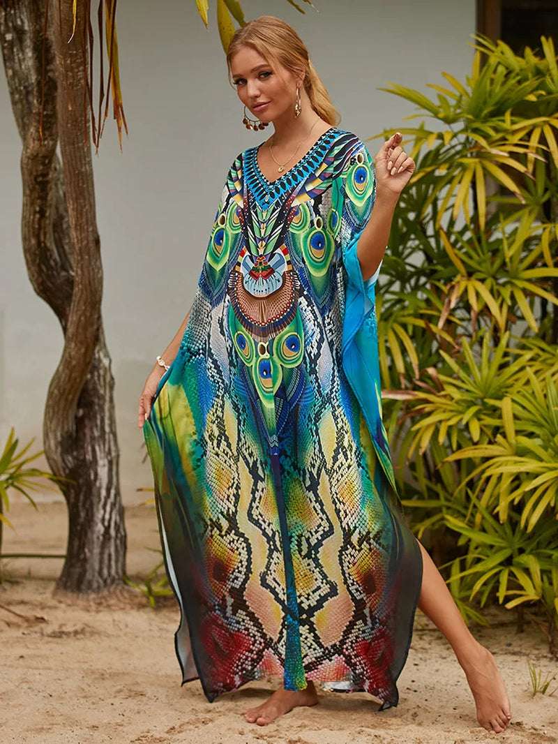 Women's Printed Caftan Maxi Dress | V-Neck Bathing Suit Cover-Up, Abaya Beach Outfits & Loungewear