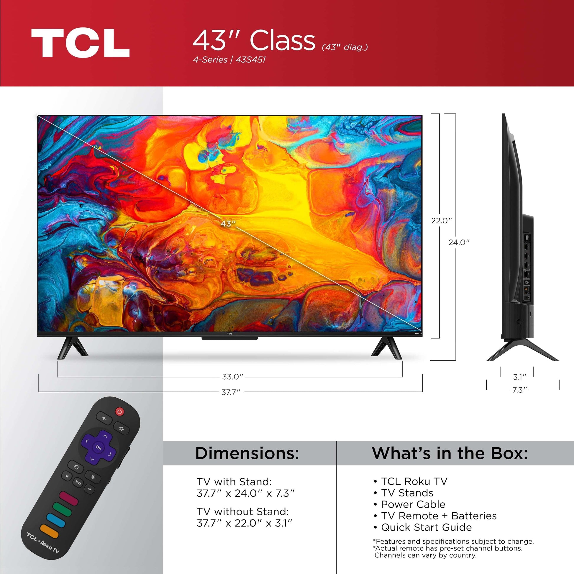TCL 43" Class S3 (43S310R) 1080P FHD LED Smart TV with Roku TV | Roku OS with Direct LED Backlight & 3 HDMI Inputs