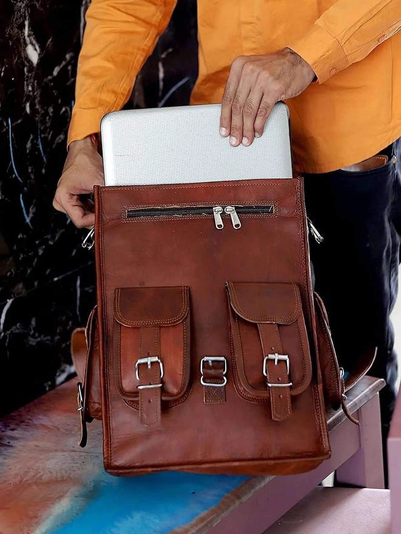 RUZIOON Multi-functional Vintage Leather Laptop Bag | 15" Vintage Backpack, Messenger & Briefcase with Steel Buckles (Brown)
