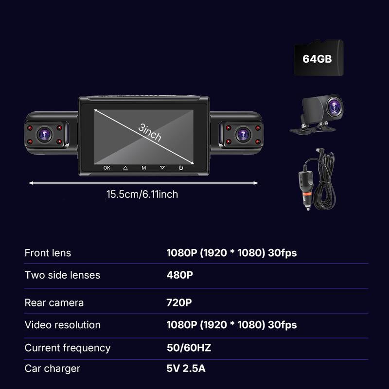 WIFI Automotive Dash Cam 360° View | Front & Rear Inside/Outside Recording | 64GB Card, Night Vision, Gravity Sensor
