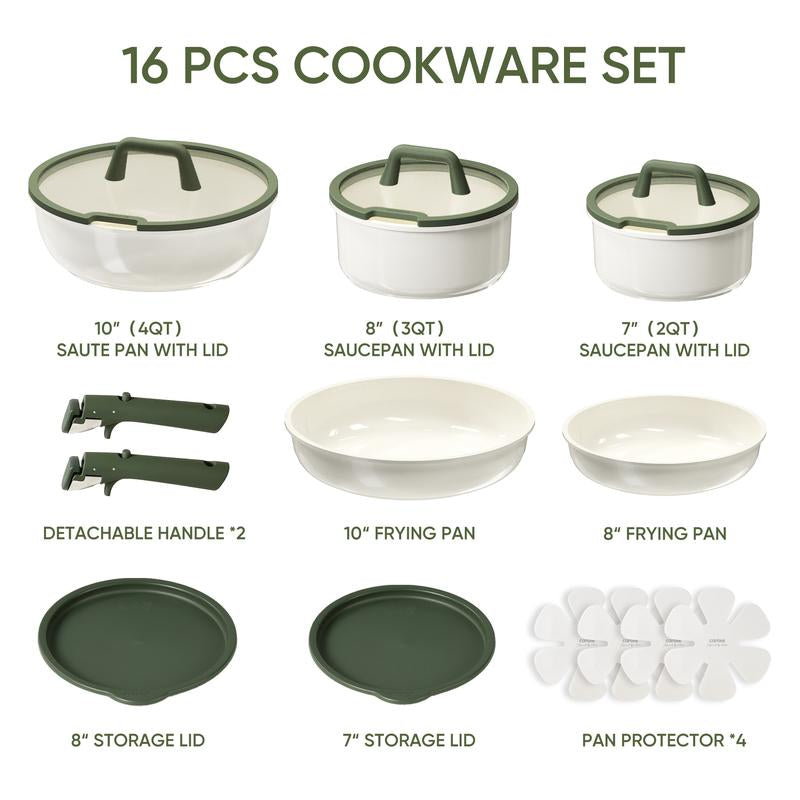 CAROTE Kitchen Cooking Set | 16-Piece Nonstick Induction Cookware with Lids & Removable Handles | Space-Saving