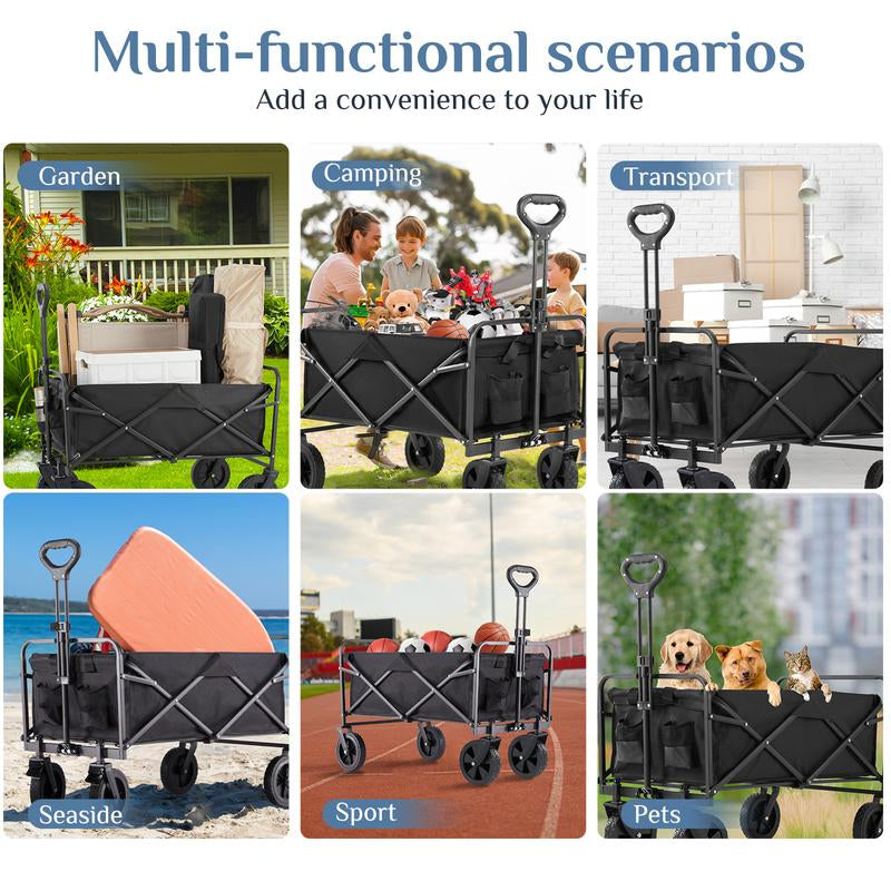 Collapsible Wagon Cart - 30" L Folding Beach Wagon with All-Terrain Wheels, 250Lbs Capacity, Portable for Grocery & Sports Use