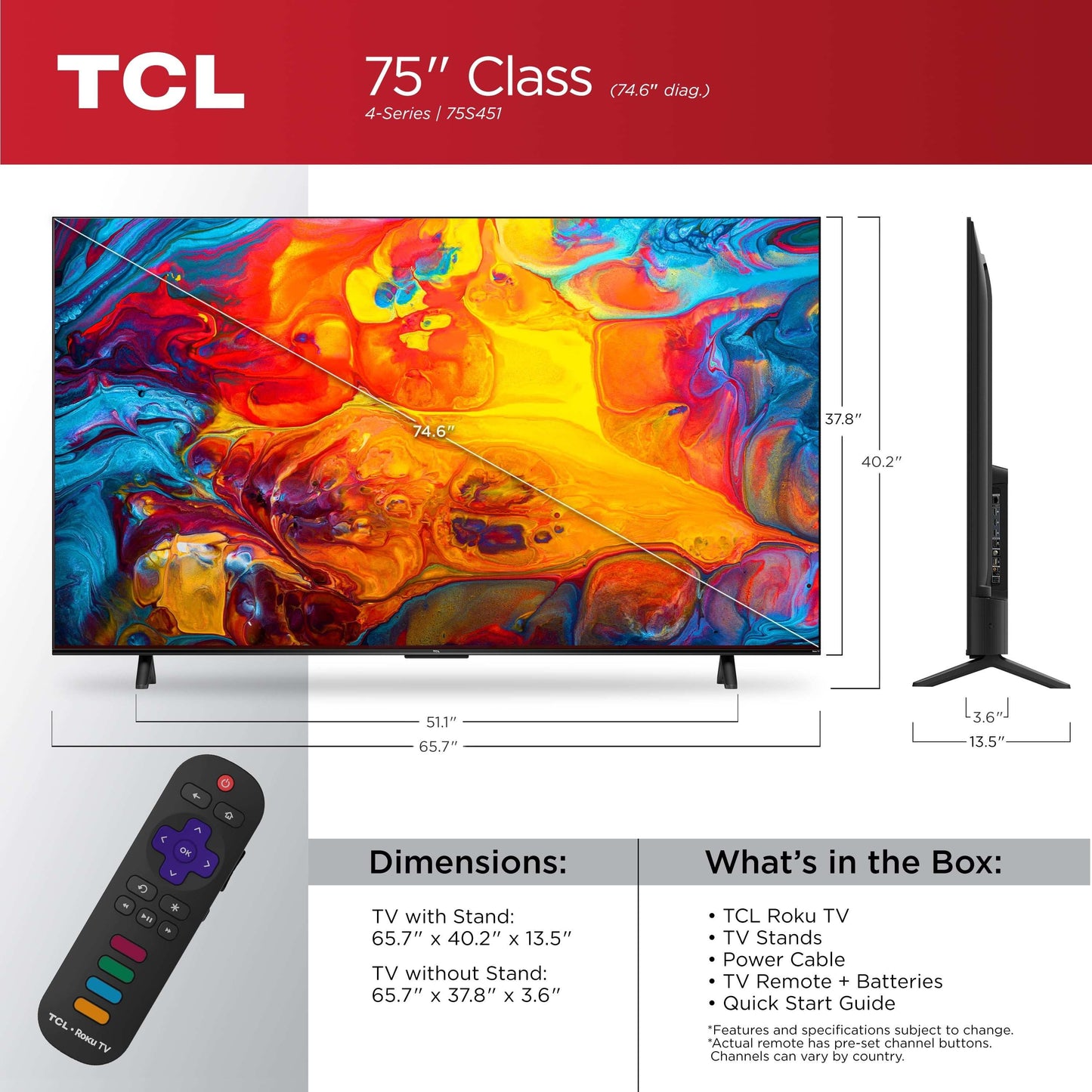TCL 75” Class S4 (75S451) 4K UHD HDR Smart TV with Roku TV | Voice Control, AirPlay, & 4 HDMI Inputs