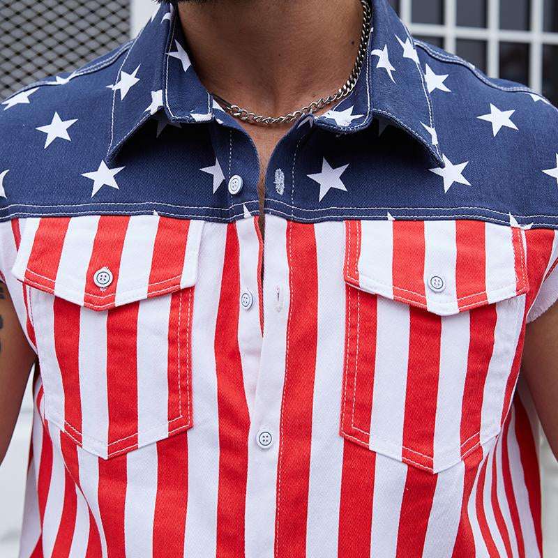 Yuanbang Men's American Flag Denim Vest | Classic 4th of July Patriotic Sleeveless Jean Jacket