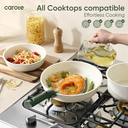 CAROTE Kitchen Cooking Set | 16-Piece Nonstick Induction Cookware with Lids & Removable Handles | Space-Saving